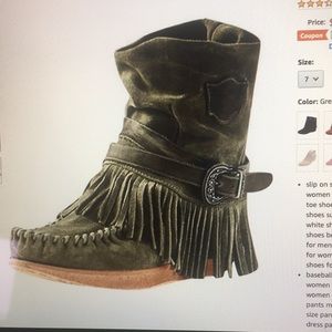 Retro boot fringe/ankle flat olive/green s7 new